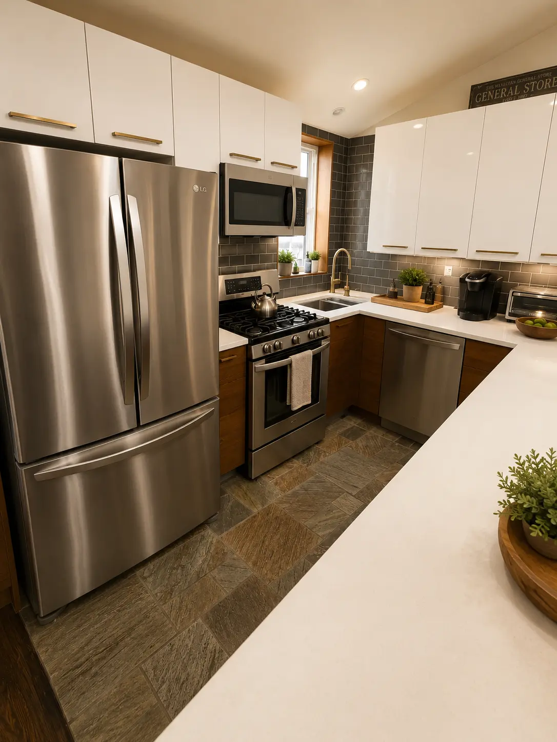 Chef's kitchen with stainless steel appliances, gas range and white cabinetry