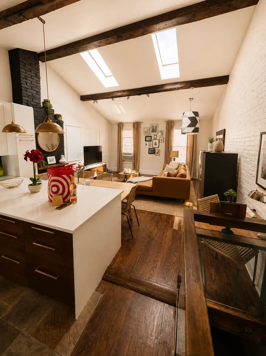 Skylit living and dining room with exposed beams and leather sofa