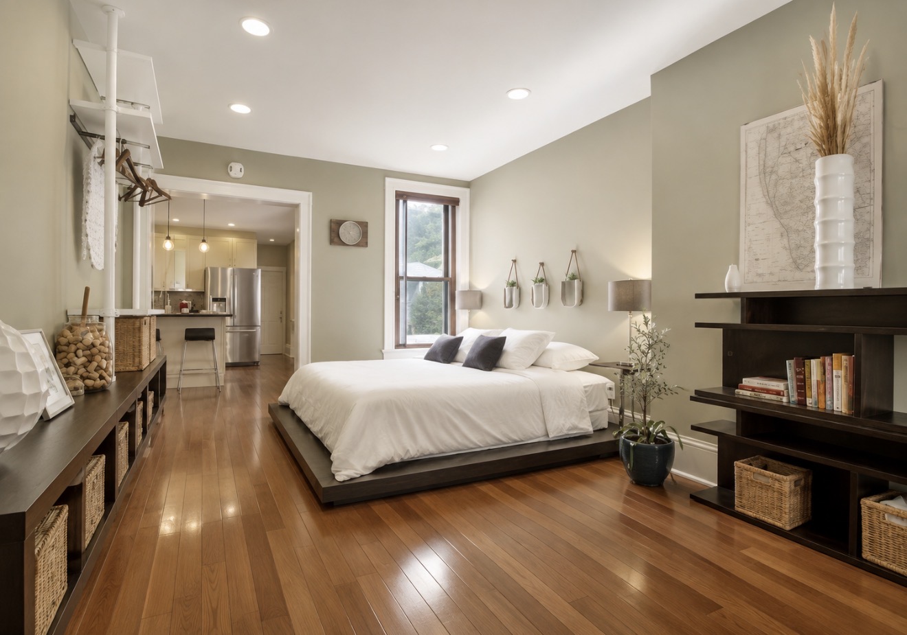 King platform bed with open shelving and a view through to the kitchen beyond
