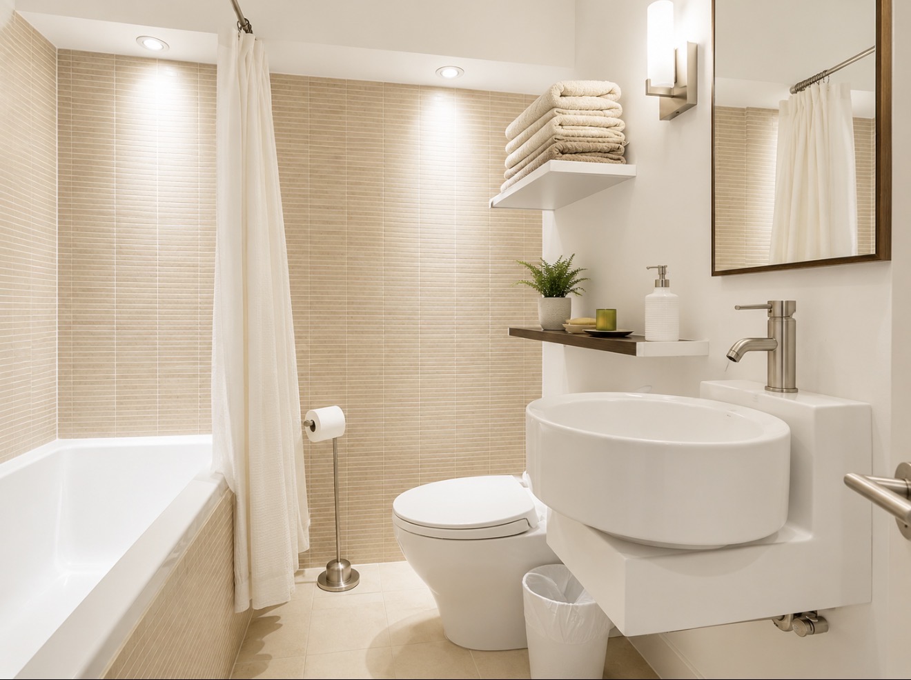 Full bathroom with soaking tub, vessel sink and warm stacked tile