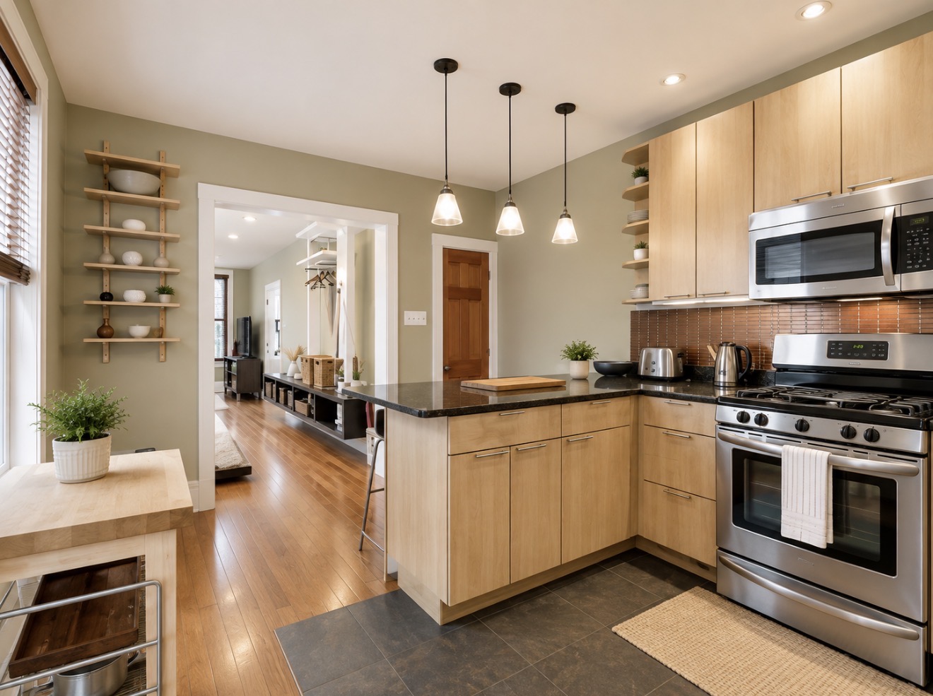 Full kitchen with gas range, pendant lighting and butcher-block prep table