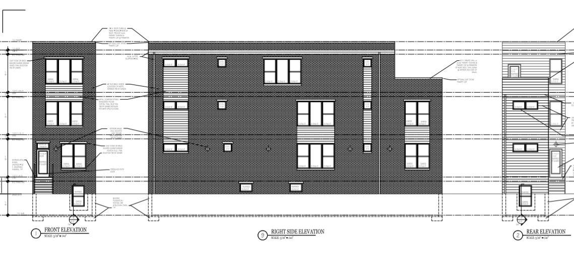 Architectural front, side and rear elevation drawings showing the duplex from three angles