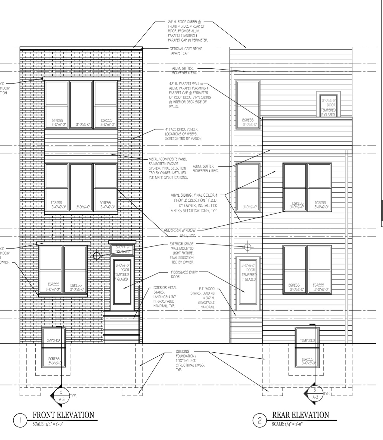 Architectural front and rear elevation drawings of a brick duplex with a main entrance and large windows