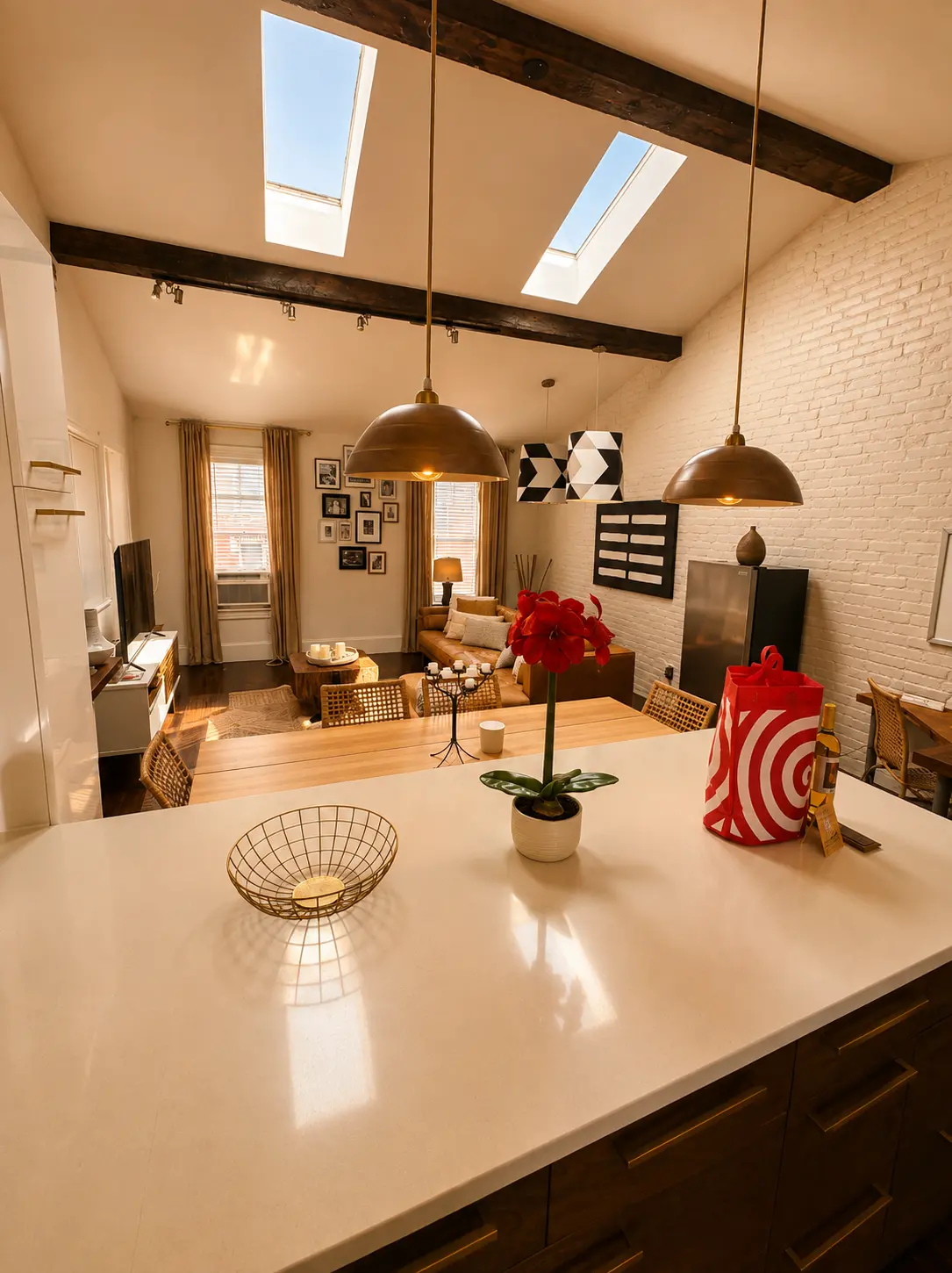 Quartz kitchen island looking toward the skylit living room with exposed beams