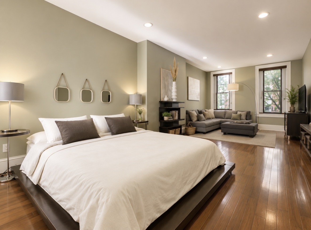Large studio with king platform bed, sage walls and a lounge seating area by tall windows