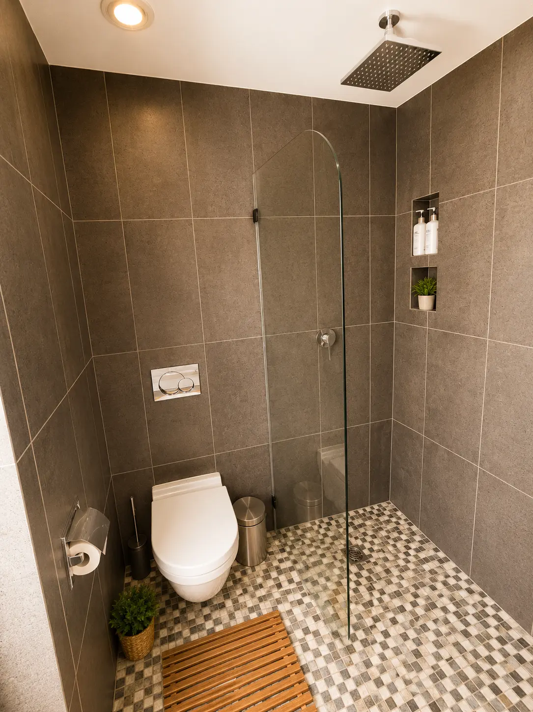 Tiled walk-in rain shower with glass partition and mosaic floor