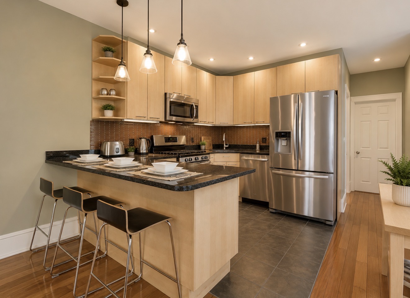 Kitchen with maple cabinets, granite breakfast bar with three stools and stainless appliances